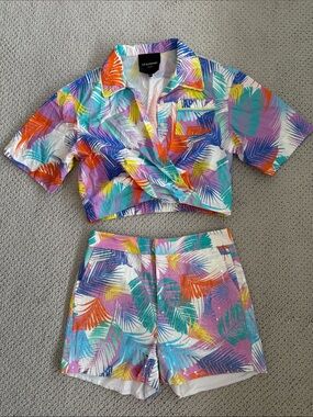 NWOT Le Superbe Tropical Desert Palm Crop Extra Camp Sequin Short Set Size S